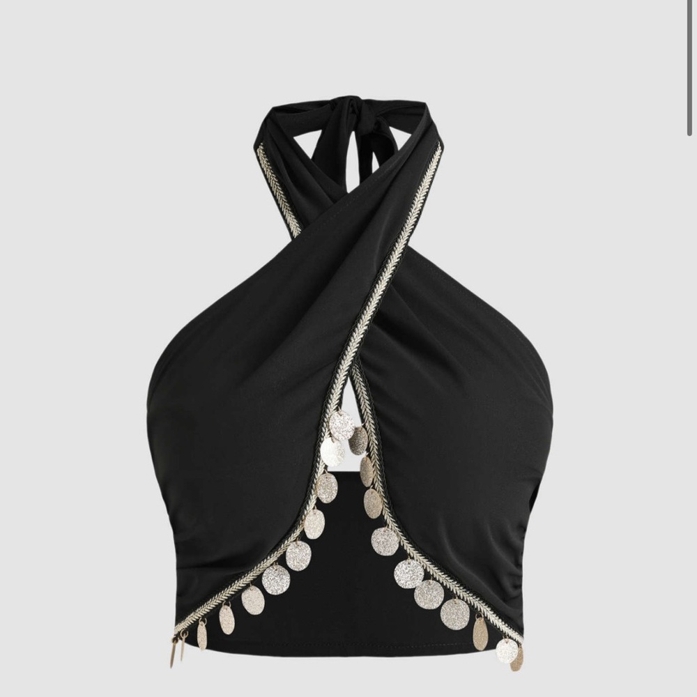 NWT CIDER Black and Sequin Halter Top